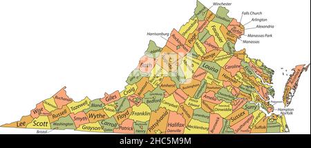 Pastel vector administrative map of the Federal State of Virginia, USA with black borders and name tags of its counties Stock Vector