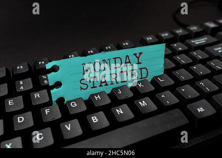 Conceptual display Monday Started. Word Written on getting ready for new week Rest is over lets begin work Abstract Typing New Business Slogan Message Stock Photo