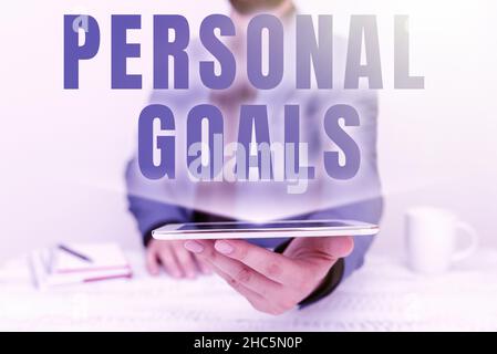 Conceptual caption Personal Goals. Business approach Target set by a person to influence his efforts Motivation Presenting Communication Technology Stock Photo