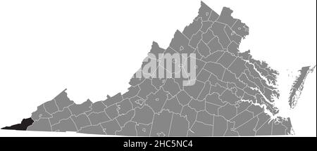 Black highlighted location map of the Lee inside gray administrative map of the Federal State of Virginia, USA Stock Vector