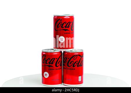 Close up view of mini cans  Coca-Cola sugar free  isolated on white background. Sweden. Uppsala. Stock Photo