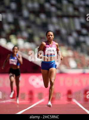 Allyson Felix participating in the semi-final of the 400 meters of the Tokyo 2020 Olympic Games. Stock Photo