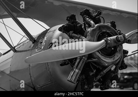 Grayscale image of a radial engine of the military trainer aircraft ...