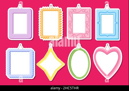 Frames sticker colored with various patterns and shadows for photos with hobnail on wall set. Square, rectangle, oval, star, heart. Design elements isolated on pink background. Vector illustration Stock Vector