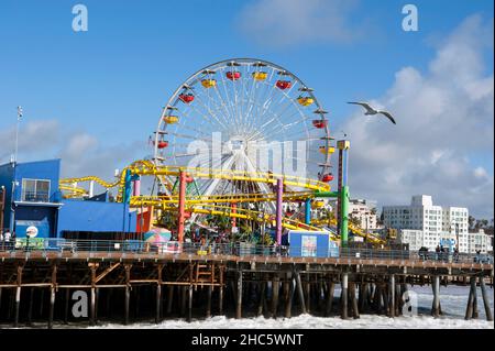 Ferris wheel on pier in Santa Monica, CA Stock Photo