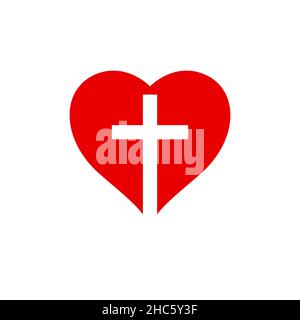 Cross inside the heart. Jesus in the heart concept. Faith of Christ. Flat isolated Christian vector illustration, biblical background. Stock Vector