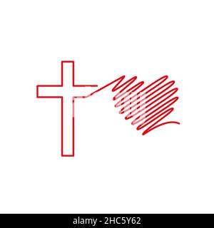 The Cross of the Lord flows into the heart. Continuous line drawing. Flat isolated Christian vector illustration, biblical background. Stock Vector