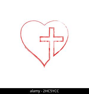 Christian cross sign in the heart inside. Continuous line drawing. Flat isolated Christian vector illustration, biblical background. Stock Vector