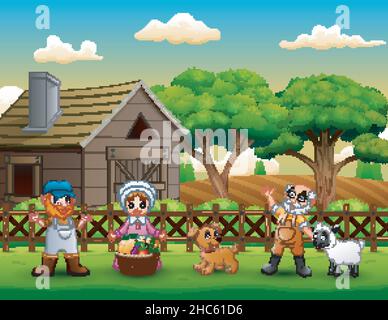 Cartoon of farmers happy work in the farm Stock Vector