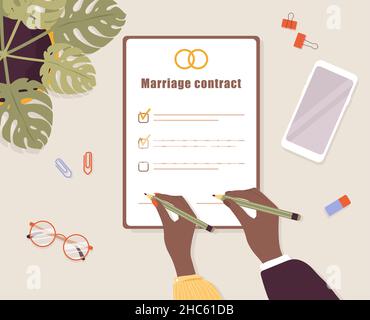 Marriage contract. Couple signs prenuptial agreement document. Prenup wedding certificate. Family divorce concept. Top-down view. Vector illustration Stock Vector