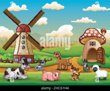 Farm landscape with animals outside the cage Stock Vector