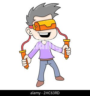 boy is playing virtual reality game, vector illustration art. doodle icon image kawaii. Stock Vector