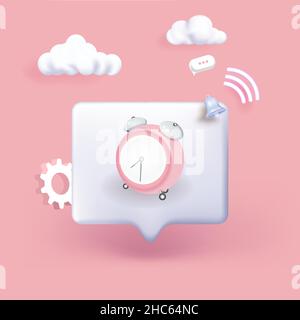3d illustration of a pink alarm clock with two bells in the air, isolated on a pink background with a notification bell. Stock Vector