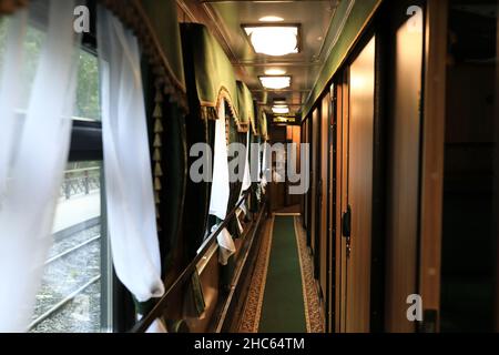 Interior of empty vintage train carriage, Russia Stock Photo