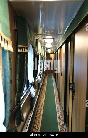 Interior of empty retro train carriage, Russia Stock Photo
