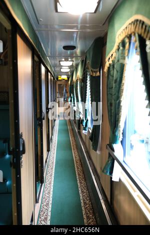View of empty retro train carriage, Russia Stock Photo