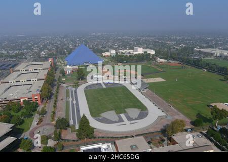 An aerial view of Jack Rose Track with Walter Pyramid in the background on the campus of Long Beach State, Wednesday , Nov 24, 2021, in Long Beach, Ca Stock Photo