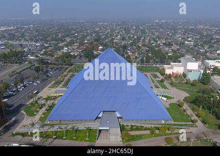 An aerial view of the Walter Pyramid  on the campus of Long Beach State, Wednesday , Nov 24, 2021, in Long Beach, Calif. The arena is the home of the Stock Photo