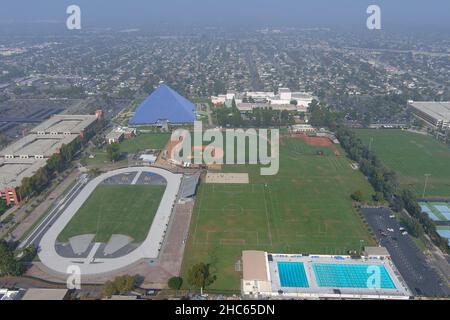 An aerial view of Jack Rose Track with Walter Pyramid in the background on the campus of Long Beach State, Wednesday , Nov 24, 2021, in Long Beach, Ca Stock Photo