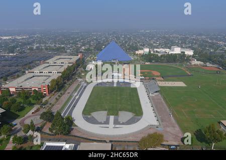 An aerial view of Jack Rose Track with Walter Pyramid in the background on the campus of Long Beach State, Wednesday , Nov 24, 2021, in Long Beach, Ca Stock Photo