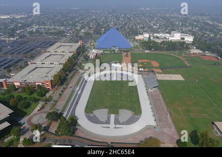 An aerial view of Jack Rose Track with Walter Pyramid in the background on the campus of Long Beach State, Wednesday , Nov 24, 2021, in Long Beach, Ca Stock Photo