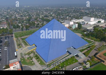 An aerial view of the Walter Pyramid  on the campus of Long Beach State, Wednesday , Nov 24, 2021, in Long Beach, Calif. The arena is the home of the Stock Photo