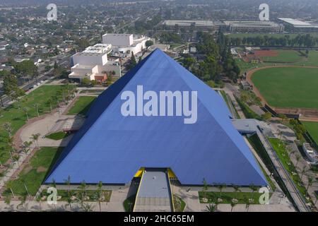 An aerial view of the Walter Pyramid  on the campus of Long Beach State, Thursday, Nov 4, 2021, in Long Beach, Calif. The arena is the home of the Lon Stock Photo