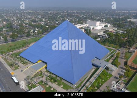 An aerial view of the Walter Pyramid  on the campus of Long Beach State, Wednesday , Nov 24, 2021, in Long Beach, Calif. The arena is the home of the Stock Photo