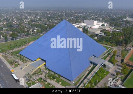 An aerial view of the Walter Pyramid  on the campus of Long Beach State, Wednesday , Nov 24, 2021, in Long Beach, Calif. The arena is the home of the Stock Photo