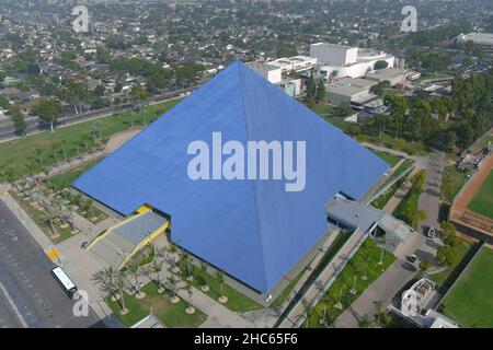 An aerial view of the Walter Pyramid  on the campus of Long Beach State, Wednesday , Nov 24, 2021, in Long Beach, Calif. The arena is the home of the Stock Photo