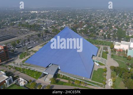 An aerial view of the Walter Pyramid  on the campus of Long Beach State, Wednesday , Nov 24, 2021, in Long Beach, Calif. The arena is the home of the Stock Photo