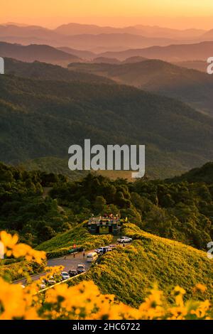 beautiful scenery veiw point of yellow flowers Thung Bua Tong, Mae Hong Son, Thailand Stock Photo
