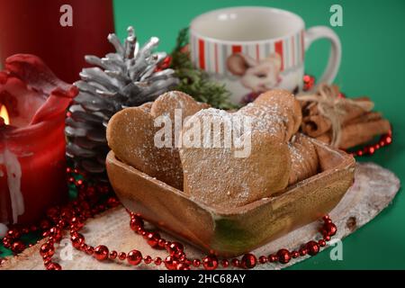 Swedish pepparkakor heart shaped thins cookies with cinnamon, ginger and cloves Stock Photo