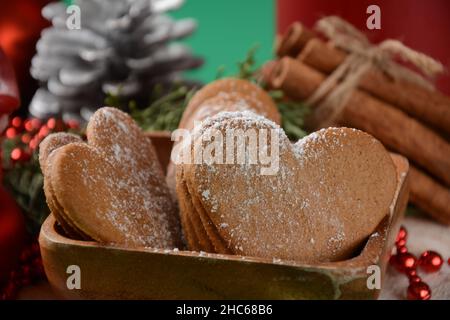 Swedish pepparkakor heart shaped thins cookies with cinnamon, ginger and cloves Stock Photo