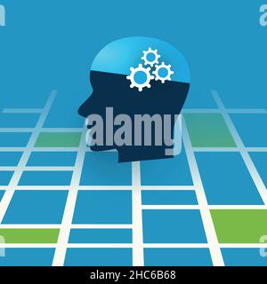 Abstract Artificial Intelligence, Smart Traffic Controlling and Network Communication Concept with Map and Human Head Stock Vector