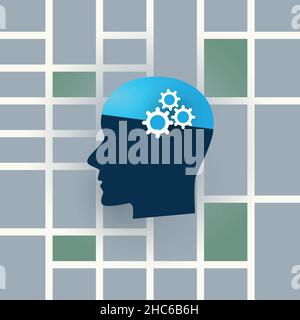 Abstract Artificial Intelligence, Machine Learning, Smart Traffic Controlling Design Concept with Map and Human Head Stock Vector