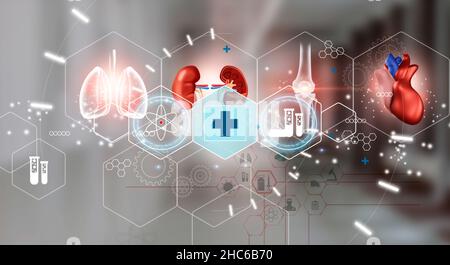 Background with medical symbols and human organs as a concept of health and well-being. Medical future technology and innovative concept. Mixed Media Stock Photo