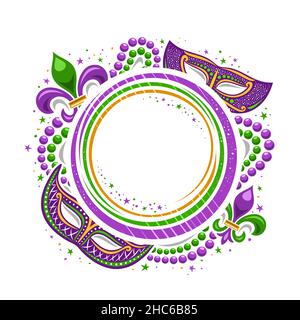 Vector Mardi Gras Frame with copy space for text, round template with illustration of purple mardi gras symbols and decorative colorful stars, poster Stock Vector