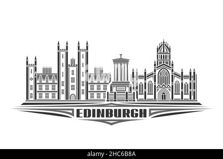 Vector illustration of Edinburgh, monochrome horizontal poster with linear design edinburgh city scape, urban line art concept with decorative letteri Stock Vector