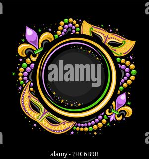 Vector Mardi Gras Frame with copy space for text, circle template with illustration of yellow mardi gras symbols and decorative colorful stars, poster Stock Vector