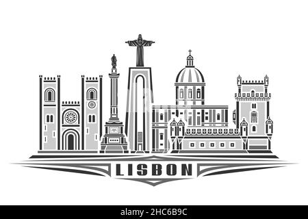 Vector illustration of Lisbon, monochrome horizontal poster with linear design lisbon city scape, urban european line art concept with decorative lett Stock Vector