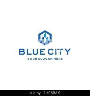 Minimalist design BLUE CITY downtown logo design Stock Vector