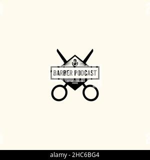 Vintage BARBER PODCAST scissors cuting logo design Stock Vector