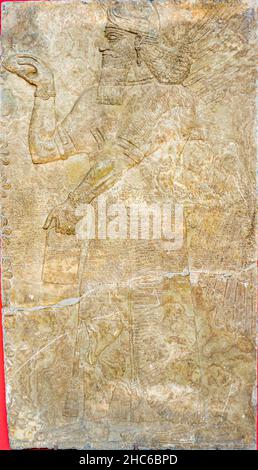 Assyrian wall relief of a winged genius. Ancient carving panel from the Middle East history. Remains of the culture of ancient Assyrian and Sumerian. Stock Photo