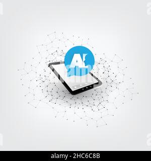 Machine learning, artificial intelligence, cloud computing and networks design concept with tablet PC, network mesh and AI label Stock Vector