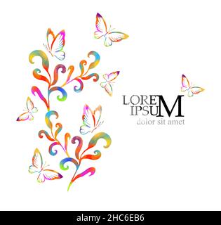 Multicolored cute twigs. Floral multicolored abstraction on a light background . Greeting card with butterflies . Vector illustration Stock Vector