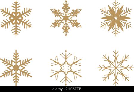 Gold frosty abstract snowflake symbols set on white background. Fine designed gold Frosty snowflakes pattern as vector. Stock Vector
