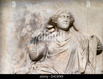 Greek marble relief of Demeter, 4th century BC. Istanbul Archaeology Museum, Turkey. Stock Photo