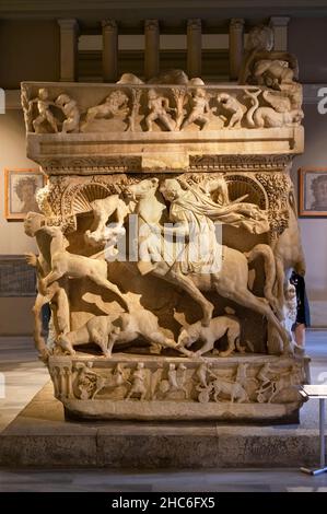 Side view of The Sarcophagus of Sidamara in Istanbul Archaeology Museum, Turkey. Stock Photo