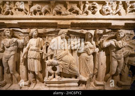 Detailed view of The Sarcophagus of Sidamara in Istanbul Archaeology Museum, Turkey. Stock Photo